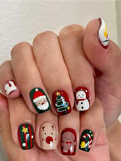 24pcs Square, Red Press-On Fake Nails Short Set, With Christmas White Snowflakes And Red Elk Gingerbread Man Simple High-End Feel, Full Coverage Fake Nail Kit, Perfect For DIY Art Supplies. Includes A Piece Of Jelly Glue And A Nail File, Suitable For Daily Wear, Parties, Dancing, And Gift-Giving.