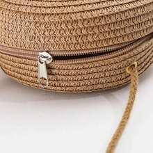 Women's Round Straw Bag Crossbody Beach Fashion Summer Vacation Minimalist Adjustable Crossbody Shoulder Strap Handmade Medium Zipper - xanh quân đội - Xem 4