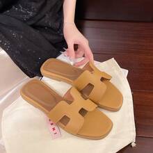 Sandalias de mujer tipo slide, sandalias planas con tira de unicolor, sandalias planas de punta abierta para mujer, elegantes y con estilo, adecuadas para uso casual, vacaciones, fiestas, oficina, hogar, exteriores, banquetes y diversas ocasiones - Marrón - Ver 12