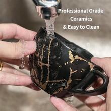 Ceramic Espresso Cups With Saucers And Metal Stand Small 4 Oz Porcelain Demitasse Cups Set Of 6 Cute Cappuccino Coffee Cups For Double Espresso Tea Marbling White Black