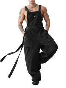 INCERUN Mens Sleeveless Strappy Bib Dungarees Rompers Casual Wide Leg Jumpsuits Fall Corduroy Long Cargo Overalls - 黑色 - 查看 3