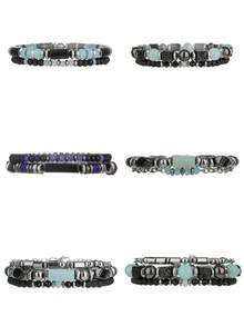 2/3pcs Teens' Fashionable Elastic Cube & Volcanic Stone Beaded Bracelet Set, Suitable For Friend Gifts, Punk Style Multi-Layer Stacking Creative Bracelet, Matching Father-Son Outfits For Travel Or Vacation - Multicolor - View 2