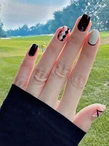 10 pezzi di unghie finte corte e quadrate, realizzate a mano, in stile bianco e nero, francese, Y2K, dolce e cool, semplice, a quadri, adatte per donne e ragazze, per l'autunno, l'inverno, festival e feste, e per l'uso quotidiano