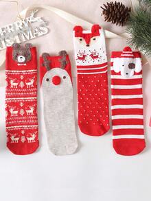 4 双女士圣诞中筒袜礼盒装，驯鹿、狐狸、雪人图案，适合居家、办公室、送礼 - 彩色 - 查看 5