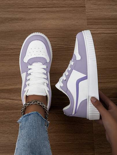 Women's Fashion Casual Sneakers Low-Top Lace-Up Breathable Color Block Athletic Shoes, Lightweight & Comfortable