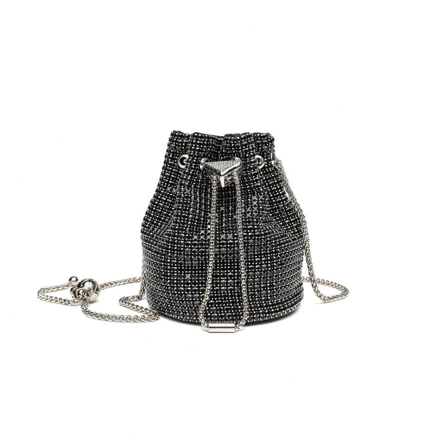 Fully Diamond Fashion Dinner Pack Mini Small Bucket Pack Small Golden Ball Glass Rhinestone Dinner Pack Celebrity Chain Pack Women - 黑色 - 查看 1