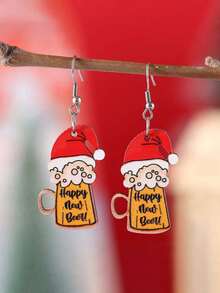 1 Pair Of Christmas/New Year Christmas Hat Beer Cup Pendant Wooden Ladies' Earrings, An Excellent Christmas, Beer Festival, New Year Gift, And Beautiful Vacation Accessory