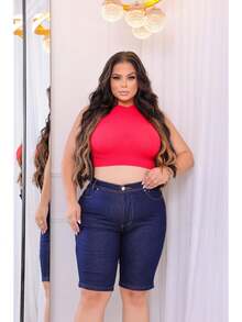 Women's Plus Size Bermuda Jeans High Waist With Lycra Shorts Mr Jeans - Azul Claro - 查看 5