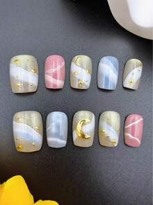 纯手工美甲贴片，10片装，多色，短梯形，美妆，香氛风格，法式美甲，按压式美甲贴片，新年美甲，情人节美甲，UV灯美甲，夏季美甲，可佩戴美甲贴片，优雅大方设计，高端法式风格，凝胶抛光，闪光，猫眼效果美甲用品 - 彩色 - 查看 4