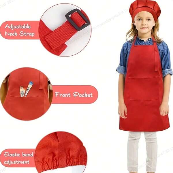 Conjunto de gorro de chef y delantal para niños - Banda ajustable para el cuello, elástica, bolsillo delantero - Poliéster duradero - Ideal para cocinar, hornear y pintar - Perfecto para regalos de Halloween, Acción de Gracias y Navidad
