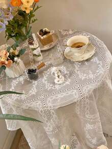 1pc Romantic Elegant White Exquisite Embroidered Rectangular Tablecloth, French Relief Embroidery Tablecloth, Polyester Fiber, Vintage Palace Style Coffee Table Dining Tablecloth, For Wedding, Home Decor, Birthday, Hawaiian Theme, Atmospheric American Background Cloth - White - View 6