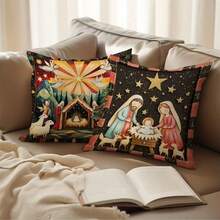 4 piezas Fundas de almohada con estampado a cuadros de búfalo del nacimiento de Jesús en estilo campestre, decoración festiva perfecta para la decoración religiosa navideña, decoración de granja, invierno, sofá, dormitorio, sala de estar y decoración del hogar