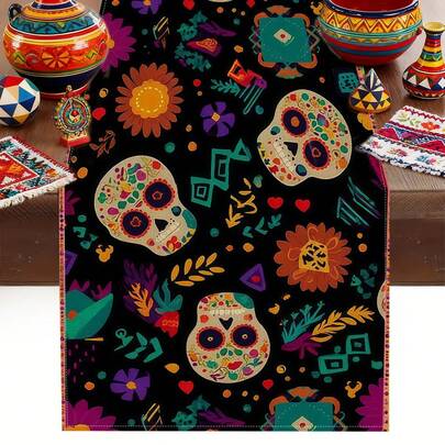 1/108 peças de decoração sazonal de poliéster com estampa digital de caveira e padrão floral do Dia dos Mortos, para cozinha e sala de jantar, disponível em vários tamanhos, decoração durável com tema do Dia dos Mortos, adequada para reuniões familiares, festas e comemorações de feriados