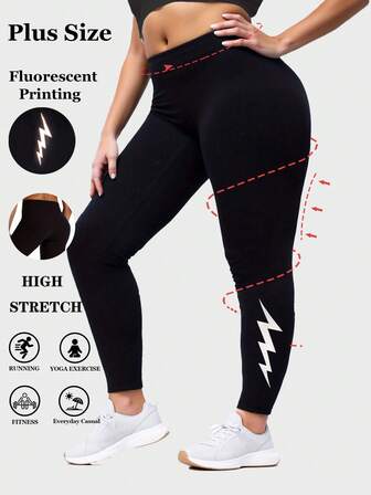 Svarta leggings i plusstorlek för kvinnor, varma och bekväma för hemmet, reflekterande blixttryck, mjuka och stretchiga, mångsidiga, avslappnade slim fit-byxor i 7/8-längd för utomhusbruk, fitness, löpning, yoga