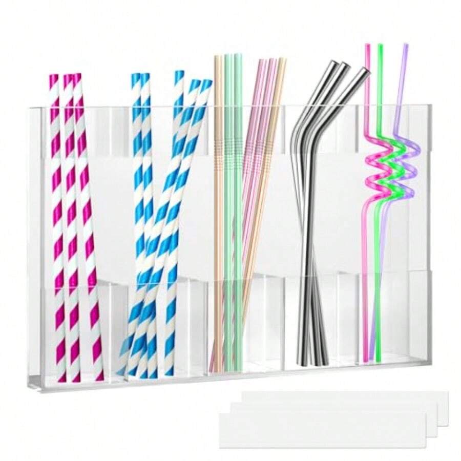 SETCADE Soporte para pajitas de acrílico para puerta de gabinete dispensador de pajitas transparente con 3 unidades de cinta de doble cara reutilizable organizador autoadhesivo para contenedores de - Por supuesto - Ver 1