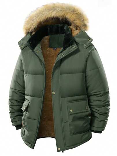 男士冬季长袖加厚羽绒服，带保暖内衬、加厚羽绒服，毛领带帽拉链