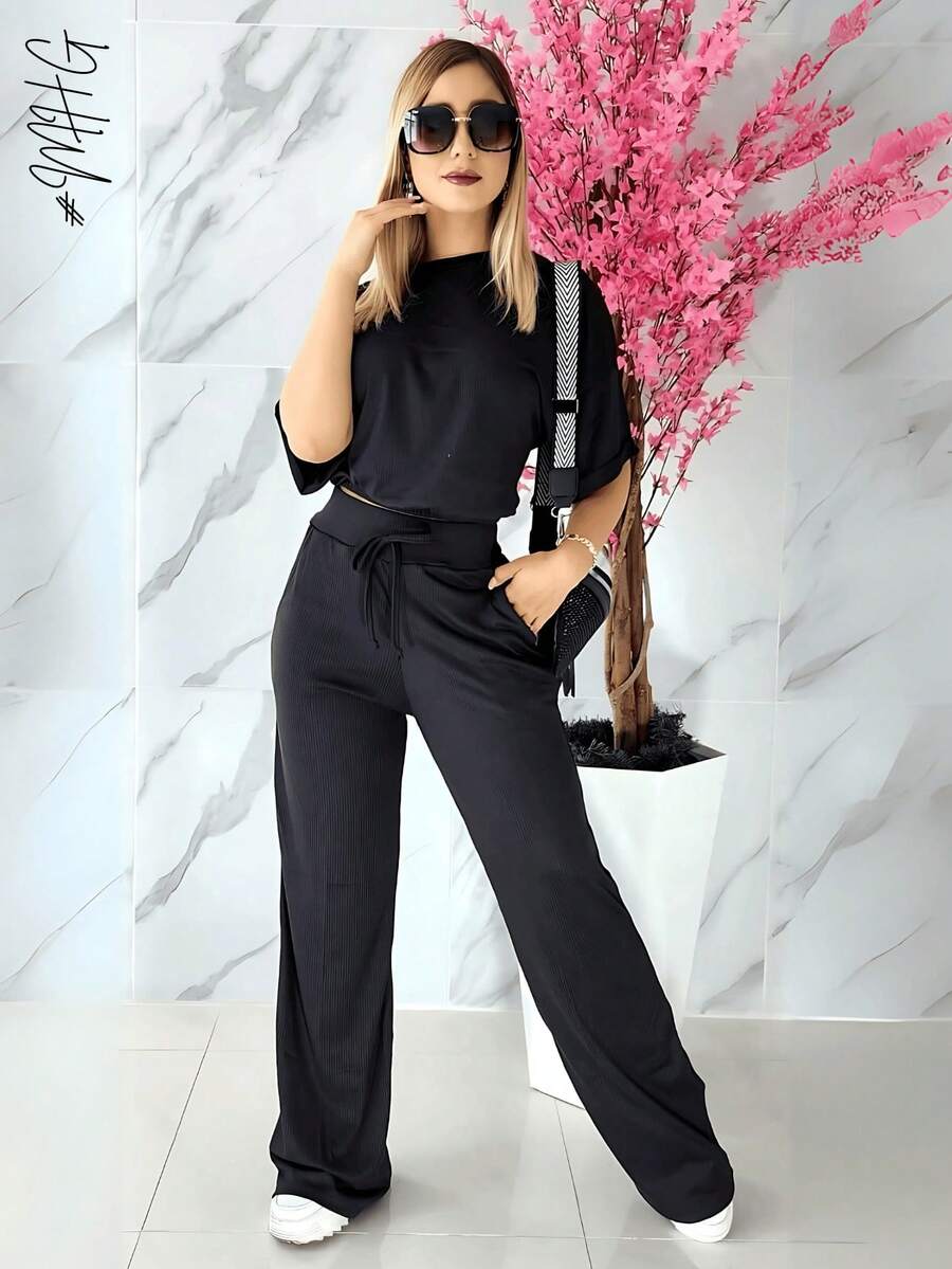 Camiseta de cuello redondo y mangas estilo murciélago y pantalones con cordón en la cintura, ideal para otoño - verano- invierno, comodo, tiro alto, bonito, comodo, casual, informal, oficina, calle, regalo, - Negro - Ver 1