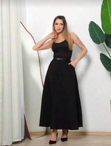 Women's Long Round Skirt Tailoring Evangelical Fashion Casual Basic Winter High Waist Elegant - 黑色 - 查看 2