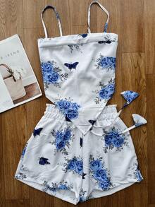 JING MODAS Crepe Set Of Cropped Top + Shorts With Lining - Blue Flower - View 1