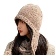 Autumn Winter Gentle Style Knitted Earflap Hat With Tassel Decoration, Warm Face-Slimming Cold Hat, Autumn Winter Cold-Proof Warm Earflap Knitted Hat, Outdoor Tie-Up Head Wrap Versatile Pullover Hat - Màu Đỏ Sâu - Xem 6