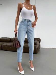 Blugi din denim cu talie înaltă, simpli, casual, confortabili, cu buzunar și nasturi cu fermoar