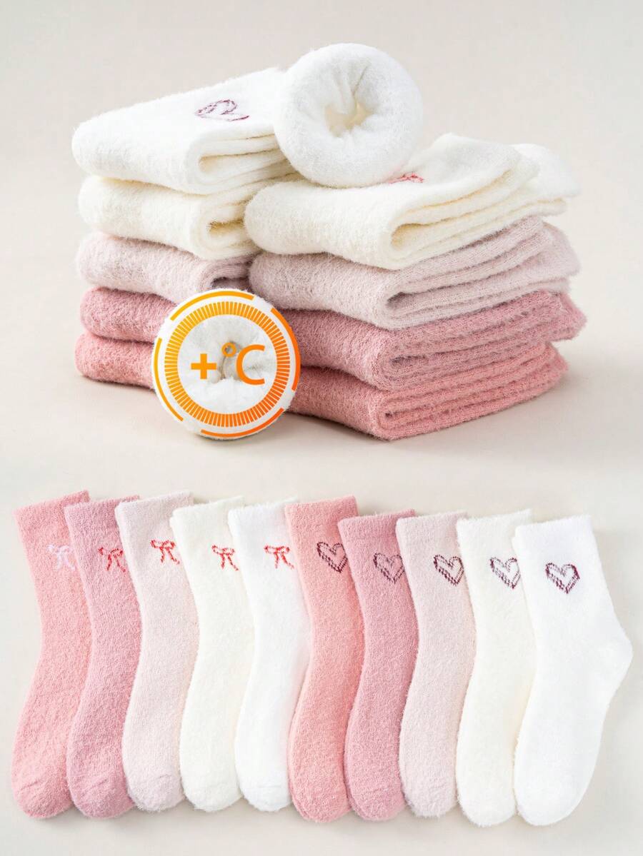 1/5 pares aleatorios de calcetines gruesos de invierno de peluche de visón para niños, serie rosa y blanca con diseño de corazón y lazo, calcetines cálidos hasta el tobillo