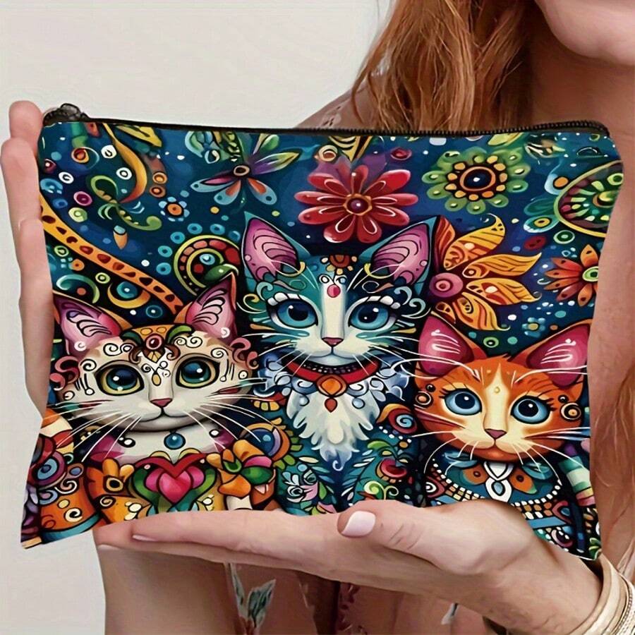 Cat Print Zipper Cosmetic Bag - Lightweight And Multifunctional Women's Travel Cosmetic Bag, A Thoughtful Gift For Mom, Sister And Friends