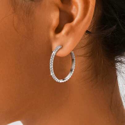 1 pièce Boucles d'oreilles géométriques en cercle en argent sterling 925 avec zircone cubique, style mode minimaliste de luxe, convient pour les vacances, les fêtes et les mariages