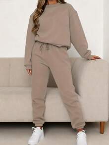 Women's Autumn And Winter Simple Solid Color Loose Pullover Sweatshirt + Solid Color Elastic Waist Cuff Trousers Casual Fashion Temperament Commuting Versatile Two-Piece Suit, Personalized Niche Design, Casual And Comfortable - 米色 - 查看 4