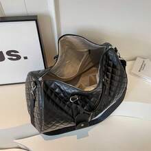 男士休闲格子 PU 皮革手提包，带零钱包的旅行包，大容量男女通用单肩包，适合旅行和日常通勤 - 黑色 - 查看 5