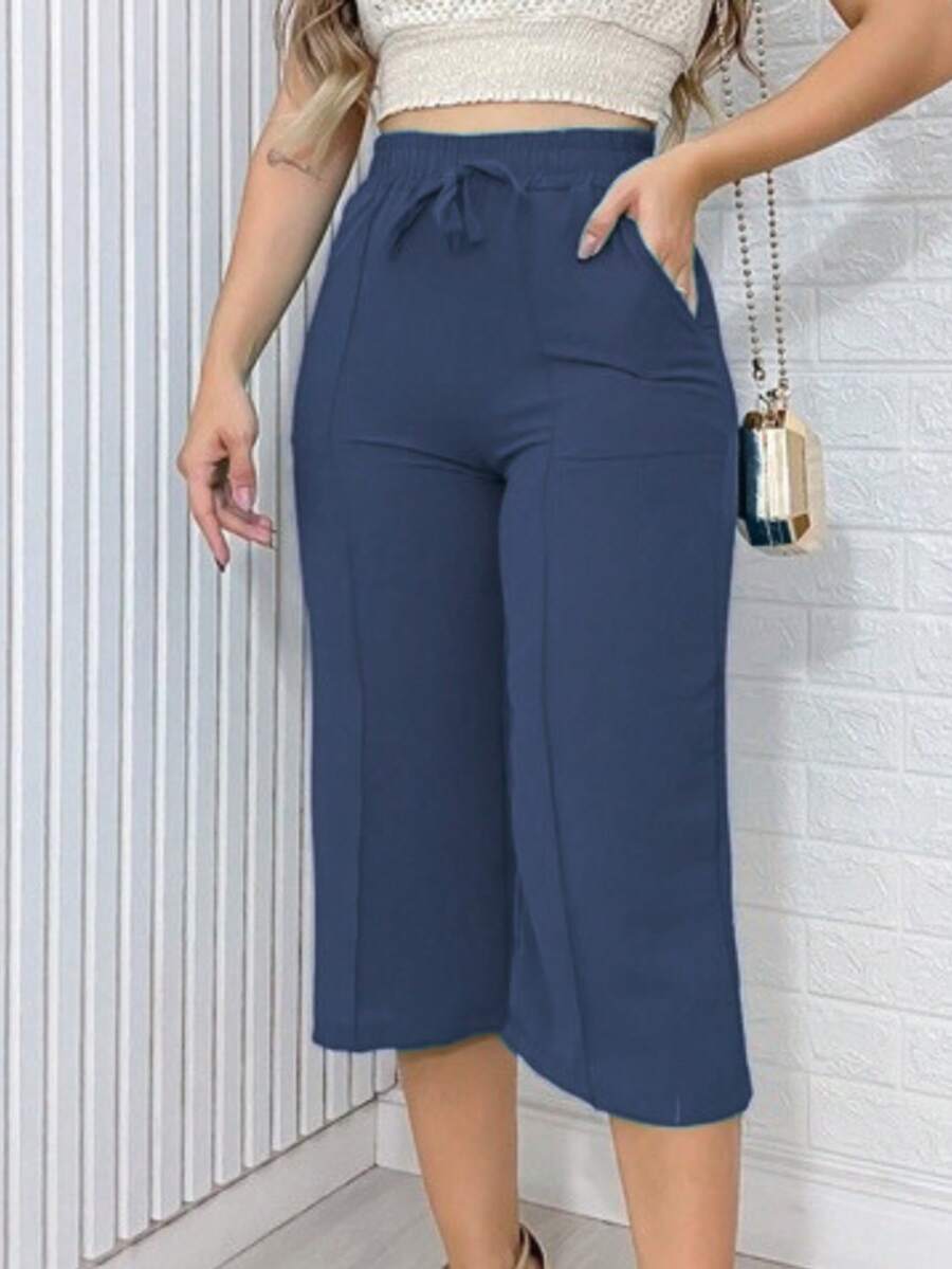 Women's Pantacour Pants With Elastic Waistband Simple Coated Fabric Pocket Holiday Women's Pantacour Pants With Elastic Waistband Simple Coated Fabric Pocket Holiday - 藏蓝色 - 查看 1