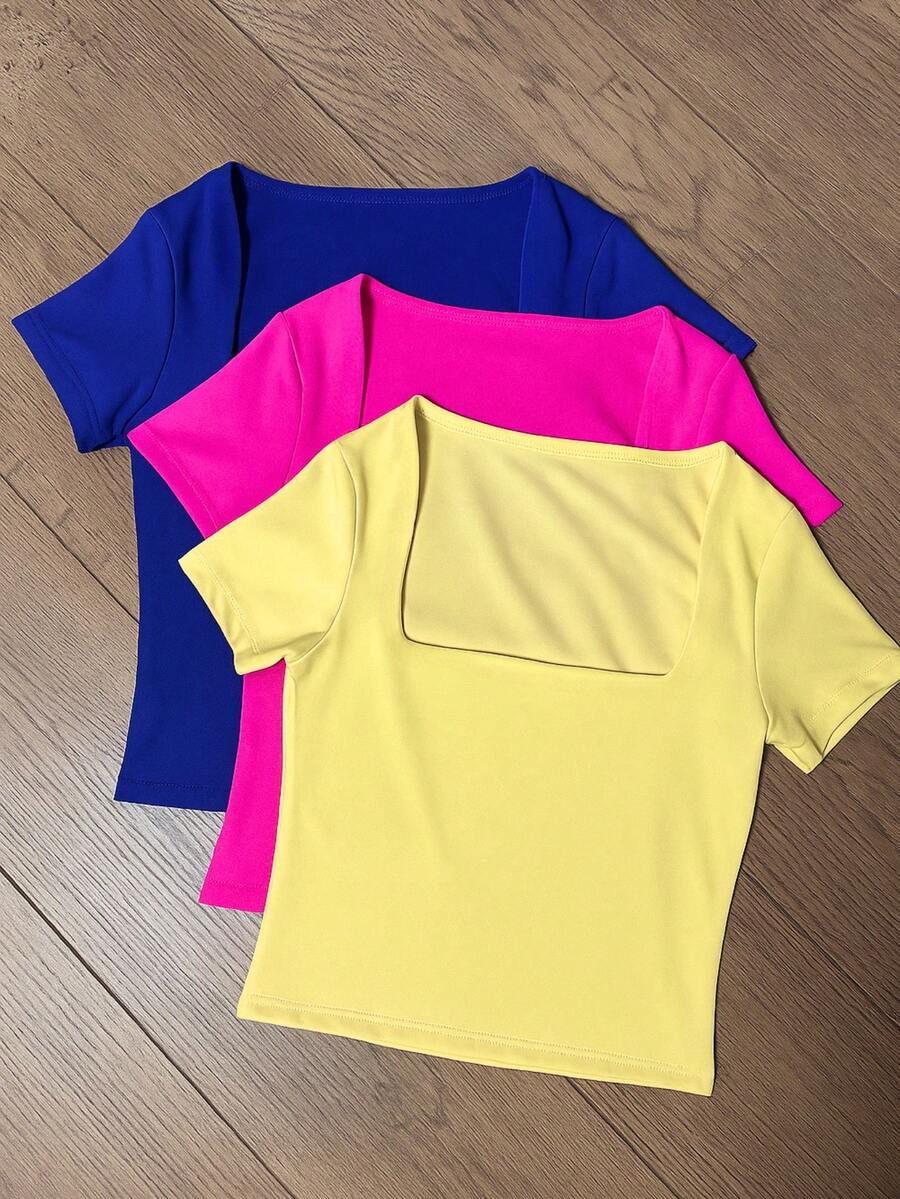 Square Suplex Cropped Top With Casual Lining For Women, Kit With 3 - Bic Blue/Pink/Yellow - View 1