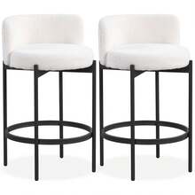 Counter Height Bar Stools Set Of 2, 24.5 Inch Boucle Modern Barstools W/Curved Backrest, Metal Frame, Comfy Footrest, Upholstered Island Chairs For Dining Room, Kitchen, Cafe, 400 LBS Max Load