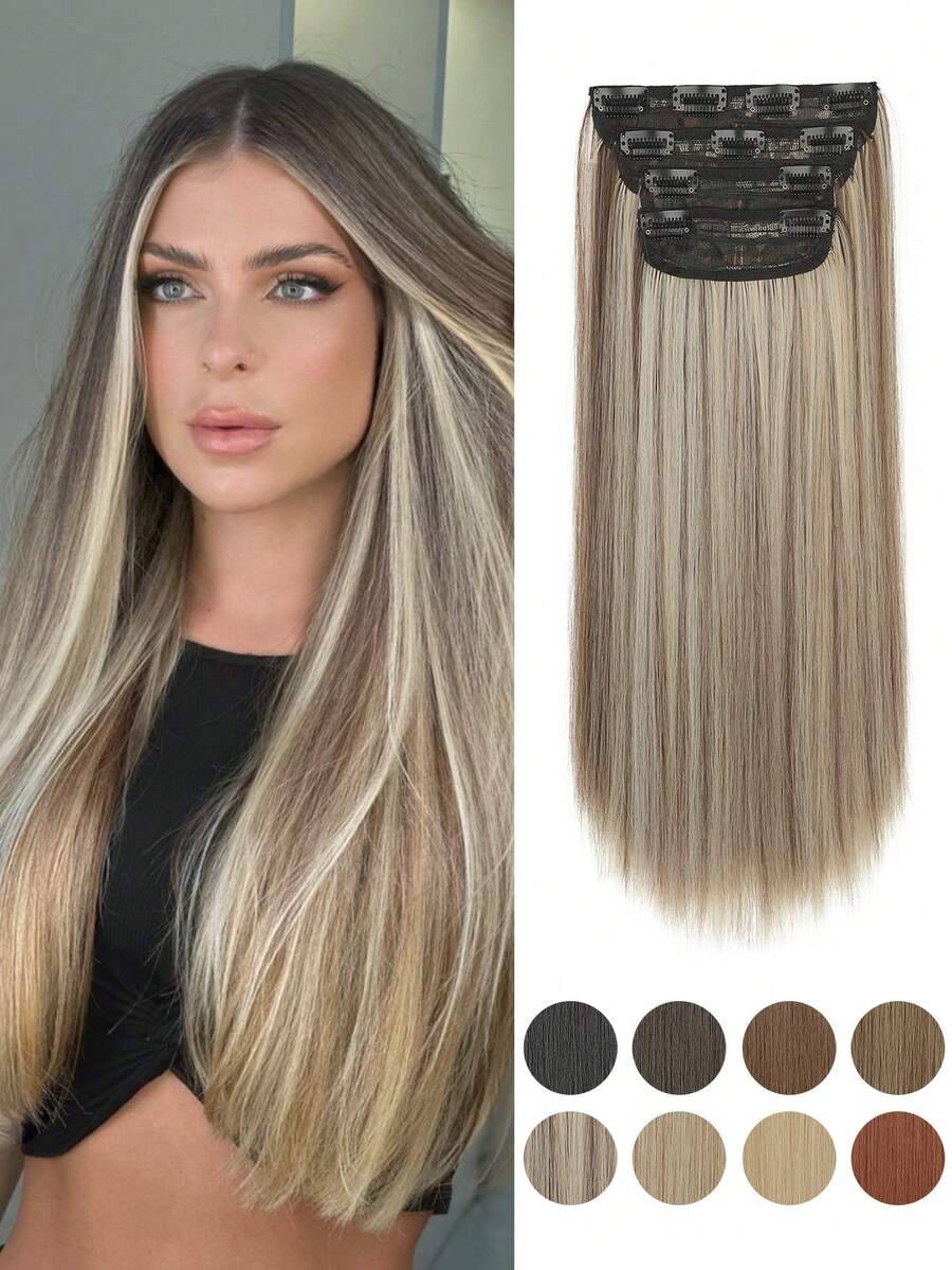 Clip In Hair Extensions 4pcs/Set Long Straight Hair Extension High Tempreture 20 Inch Synthetic Hairpiece Clip In Hair Extensions For Women Daily Use Cosplay Party - Multicolor - View 1
