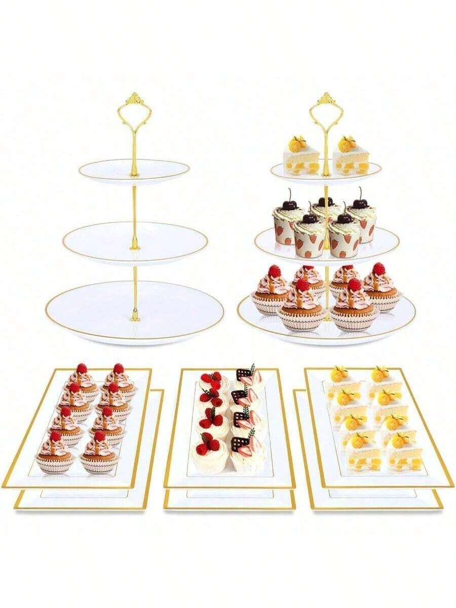 8PCS Cake Stand Set, Plastic Cupcake Stands With Gold Rim, Dessert Display Stands Set Wedding Birthday Party ShowerTea Party - White - View 1