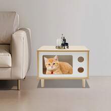 TFCFL Cat House, Floorstanding Cat Bed Indoor, 19.7*11.4*15.7in TV-Shaped Cat Shelter For All Kinds Of Indoor Cats And Small Dogs Weighing Around 9.92 Pounds - 木色+白色 - 查看 2
