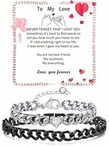 Adjustable Matching Couple Cuban Chain Bracelets For Gifts - 黑色+銀色 - 查看 1