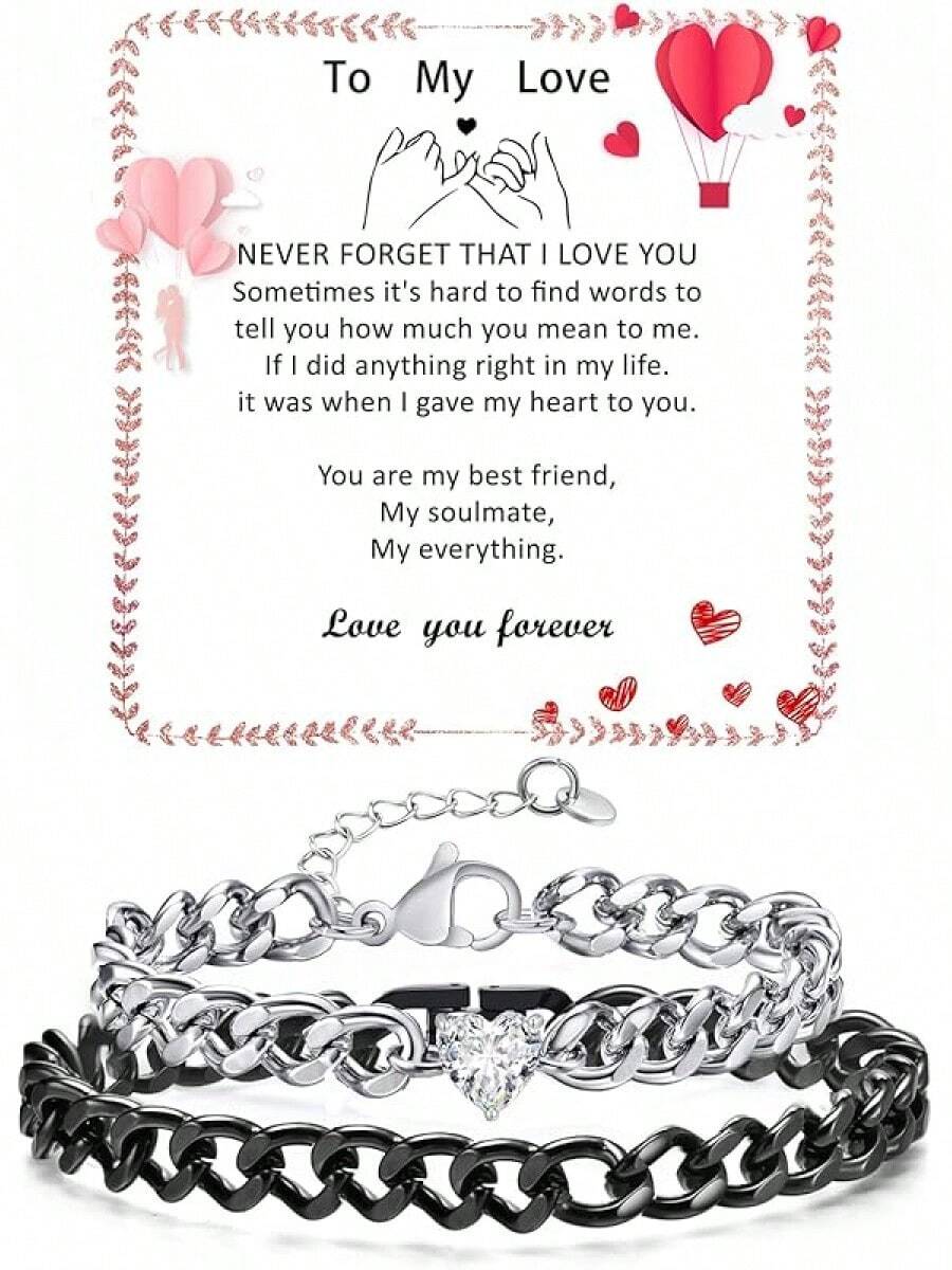 Adjustable Matching Couple Cuban Chain Bracelets For Gifts - 黑色+銀色 - 查看 1
