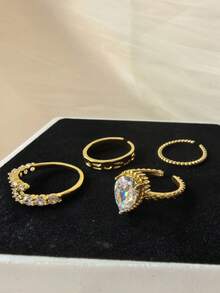 5pcs Minimalist Luxury Fashion Elegant Unique Personalized French Classic Daily Party Copper Micro-Inlaid Cubic Zirconia Versatile Women's Ring Set (No Gift Box)