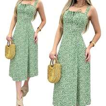 Women's Floral Midi Dress With Light Front Bow - Green - View 2