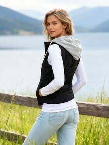 Women's Hooded Puffer Vest, Winter Warm Zip Up Quilted Jacket For Outdoor Casual Wear - màu đen - Xem 2