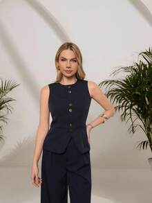 Female Fashion Women's Tailored Set Vest + Pants Fashion Casual/With Special Buttons/Social Work Blazer With Front Button Solid And Elegant Women's Tank Top/Elegant And Stylish Two-Piece Women's Suit Buttons In Front/Elegant/Sophisticated With Fake Pockets/With Buttons/Blogger/Fashion/National Shipping 2025 - 藏蓝色 - 查看 5