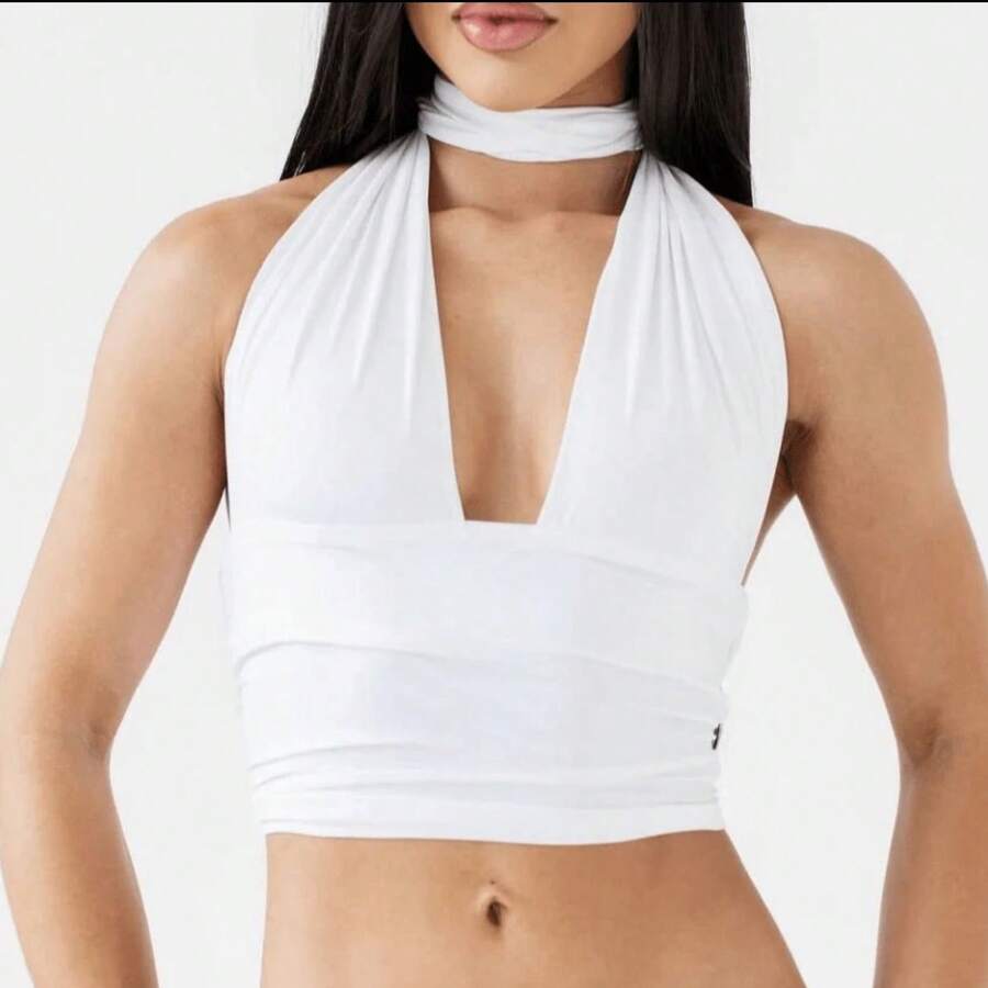 Cropped Turtleneck Adjustable Multi-Way Women's Simple Backless / Backless Hollow / Cut Out Holiday - Blanco - Ver 1