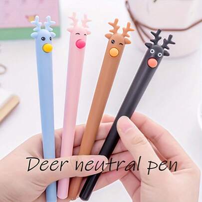 4pcs Christmas Reindeer Neutral Pens, Creative Cute Cartoon Soft Rubber Gel Pens, 0.5mm Tip, For Office & Study, Christmas Reindeer Black Signature Pens, Christmas Neutral Pens