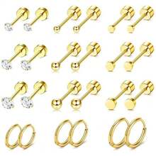 20 件女士小金环耳钉，18K 镀金微型不锈钢耳环套装，适合多种耳洞 - 20件套裝 - 查看 9