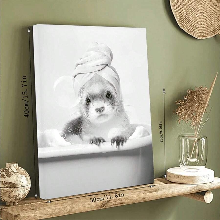 1pc, Rustic Wooden Frame Canvas Painting, Ferrets In Bathtub Wall Art, Funny Bathroom Decor, Animal Print, Ready To Hang, Perfect Holiday Gift, Vintage Style, Home Decor For Bedroom