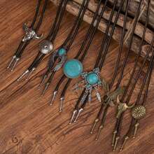 8pcs Unique Bolo Tie, Comfortable Sweater Chain, Turquoise, Korean Wax Line Necklace, Geometric Pattern Feather Pendant Brooch