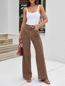 Saodimallsu Women's High Waisted Stretchy Wide Leg Jeans Baggy Loose Denim Casual Pants With Pockets - 棕色 - 查看 5