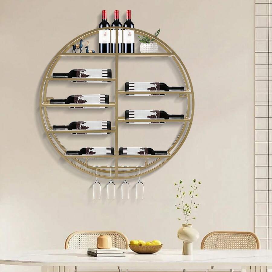 LianDu-US Gold Round Wine Rack, Wall Mounted Wine Display Rack, Wine Shelf With Glass Holder And 4 Expansion Screws For Living Rooms, Restaurants, Offices, Corridors, 23.62*4.33in - Gold - View 1