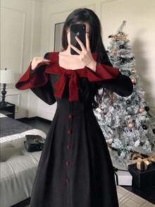 1 件时尚黑色束腰连衣裙，学院风百搭女士连衣裙，秋冬 - 黑色 - 查看 4